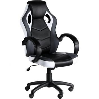 Silla Gaming Boss Blanca/Negra con diseño ergonómico, reposabrazos ajustables, base de metal resistente, acolchado de alta densidad y ruedas giratorias para fácil movilidad