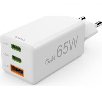 Cargador Rápido Hama 65W, 2x USB-C PD, 1x USB-A QC, Mini Cargador Blanco