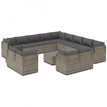 14-Piece Gray Poly Rattan Garden Lounge Set with Cushions