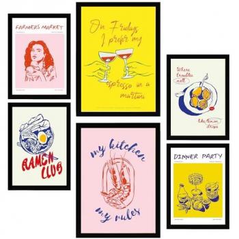 Set de 6 Pósters Pop Art de Alimentos y Vino para Decoración de Paredes (A3 y A4, Sin Marco)