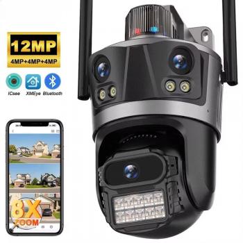 Cámara de seguridad PTZ ICsee 6K 12MP HD con tres lentes, zoom óptico de 8X, WiFi y seguimiento automático para videovigilancia en exteriores