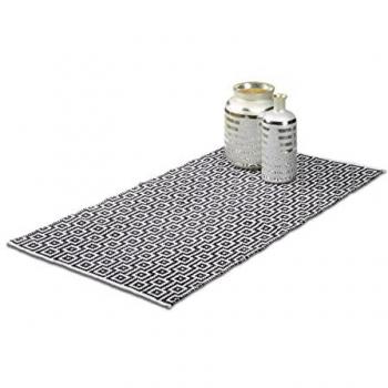Alfombra de Pasillo Geométrica en Algodón, Hecha a Mano, Diseño Moderno, 70 x 140 cm, Negro-Blanco - Relaxdays