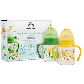 Marca Amazon - Mama Bear Biberón de aprendizaje de cuello ancho de polipropileno con tetina de silicona 150 ml, 2 piezas