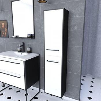 Columna de baño negra 30x35x150 cm con 2 puertas blancas y manijas negras mate - AURLANE