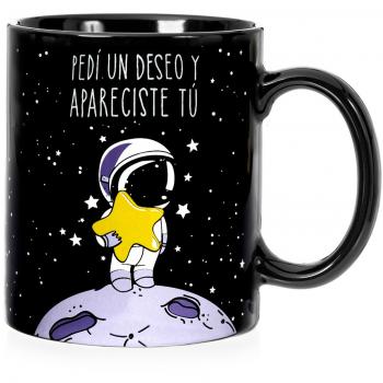 Taza mug desayuno de cerámica negra 32 cl. con frase bonita Pedí un deseo y apareciste tú modelo Estrella Fugaz
