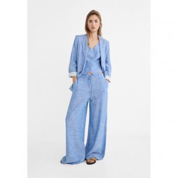 Royal Blue Wide-Leg Linen Blend Trousers with Elastic Waistband - XL