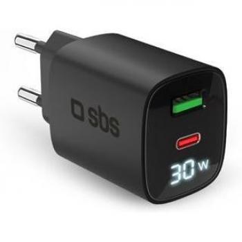 Cargador de Pared SBS Power Control 30W con Pantalla LCD, USB-C y USB-A, Negro