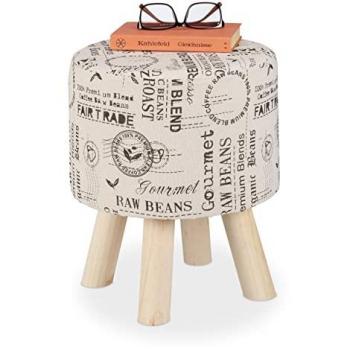Taburete Redondo Acolchado con Funda de Tela y Patas de Madera, Estampado Café, 38x32 cm, Crema - Relaxdays