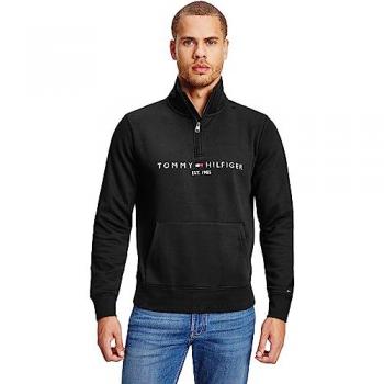 Tommy Hilfiger Sudadera para hombre con cremallera de un cuarto y logo, color negro, talla XL