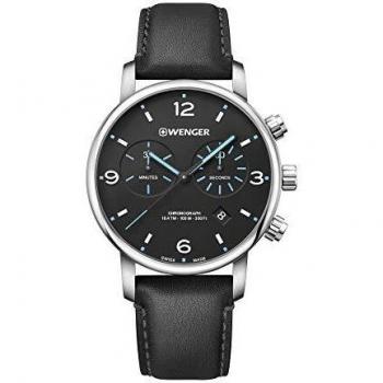 Wenger Men's Urban Metropolitan Chronograph - Swiss Made Analogue Quartz Stainless Steel Black Leather Strap Watch 01.1743.120