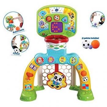 VTech - Centro de deportes Basket-Gol, Portería de fútbol, canasta de baloncesto y diana, disfruta jugando, efectos especiales y respuestas interactivas, incluye tres pelotas, marcador LED