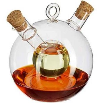 Dispensador de Aceite y Vinagre 2 en 1, Botella de Cristal con Tapones de Corcho, Capacidad 375 ml y 50 ml, Transparente