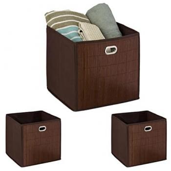 Cestos de Almacenaje Plegables de Bambú - 3 Unidades, Cesta Cuadrada para Baño, Caja Estante Alta (31 x 31 x 31 cm), Color Marrón