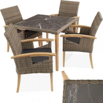 Tectake - Conjunto de jardín Tarento con 4 sillas Rosarno | Muebles de exterior de ratán sintético y madera | Mesa con tablero extraíble de porcelanato gres marmolado | Cojines incluidos para mayor