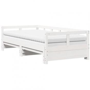 Sofá cama nido con colchones de madera maciza en pino blanca 80x200 cm con ruedas y colchón blanco