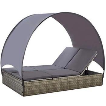 Gray Poly Rattan Double Sun Lounger with Canopy