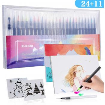 Zacro 24 Colores Rotuladores Pinceles Acuarelables,Pluma de Pinceles,1 Pincel de Agua,2 Plantillas y 8 Pcs Papeles de Dibujar Colorear/Plumilla Nylon/100% no tóxicos para Caligrafía,Pintura y Cómics