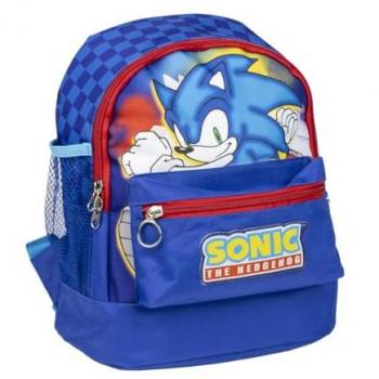 Mochila Infantil de Senderismo Sonic Azul 23x27x15cm - Poliéster, Varios Bolsillos, Cinturón y Asas Ajustables