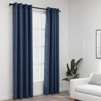 Cortinas de oscurecimiento efecto lino con ojales 2 piezas azul 140x245 cm