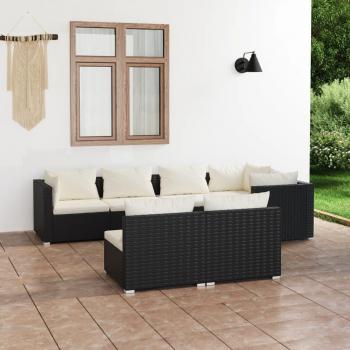 vidaXL 7-Piece Black Poly Rattan Garden Lounge Set with Cushions