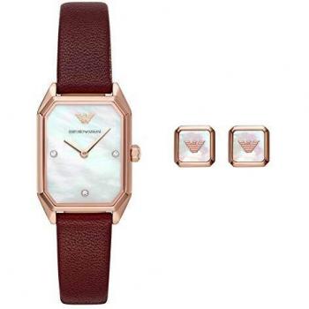 Emporio Armani Set de Regalo para Mujer,Pendientes y Reloj con Esfera Cuadrada en Acero Inoxidable y Correa de Cuero tonalidad Burdeos AR80028