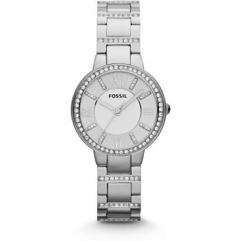 FOSSIL Virginia Stainless Steel Watch – Silver Analogue Women's Quartz Wrist Watch with Clear Crystal Applications on Bezel and Bracelet in Gift Box - 10 ATM Water Resistant