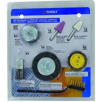 TIVOLY XT20252580200 - KIT de pulido y cepillado 7 piezas - Kit compuesto de 2 cepillos circulares 50 y 75 mm, vástago 6 mm, 1 cepillo de copa 50 m, 2 muelas ojiva y cónica, 1 cepillo manual