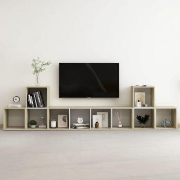 vidaXL Mueble de salón 5 piezas de madera de ingeniería, incluye mueble TV, mesa de TV y muebles de pared en aglomerado blanco y roble Sonoma