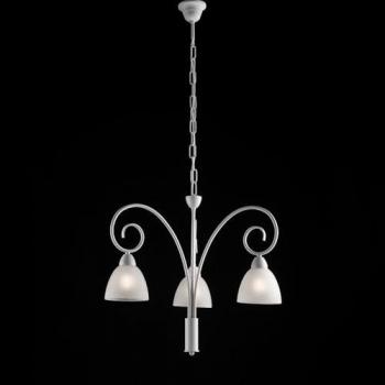 Araña de Luces de Hierro Blanco Shabby con Pantallas de Cristal Blanco, Tres Luces, Dimensiones 48x h50 cm