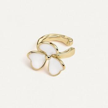 Pendiente Ear Cuff Loto Blanco de Earcandy - Plata 925 con Baño de Oro 18K y Esmalte Blanco en Forma de Trébol