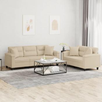 Conjunto de sofás de 2 piezas en tela de microfibra color crema con almohadas