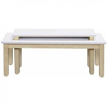 Mesa de centro nórdica con banco integrado en blanco y madera clara CYBEL