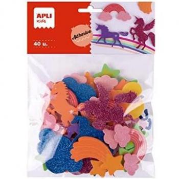 Formas de Goma EVA Adhesivas con Purpurina Apli Kids Unicornios, Blister 40 Unidades, Diseños Variados, Tamaño 3-6 cm, Colores Surtidos +4 años Ref