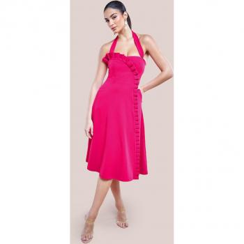 Goddiva Frilled Halter Neck Midi Dress - Magenta Pink - Size 8 UK