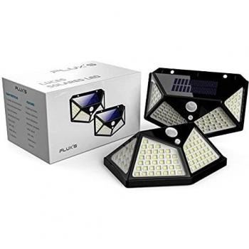 Luz Solar Exterior LED, FLUX'S, Foco Solar Exterior con Sensor de Movimiento, Impermeable e Inalámbrico, 3 Modos de Iluminación, Ángulo 270°, Para Jardín o Garaje - Pack de 2 uds