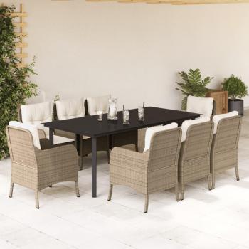9-Piece Beige Poly Rattan Garden Dining Set with Cushions