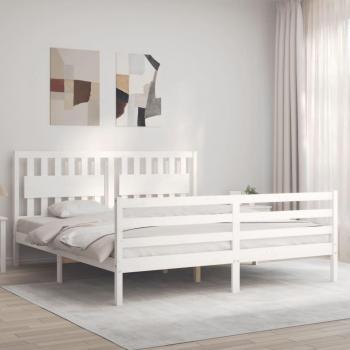 Estructura de cama de matrimonio con cabecero de madera maciza en color blanco - vidaXL
