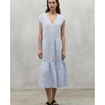 Vestido Midi Casual Sostenible de Lino para Mujer - Ecoalf Arcilla Azul, Manga Corta y Cuello de Pico