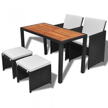 5-Piece Black Poly Rattan and Acacia Wood Outdoor Dining Set