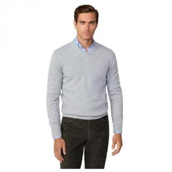 Jersey de Hombre Cuello Pico de Lana con Logo Bordado Hackett en Gris Plata