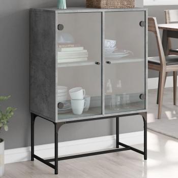 Armario auxiliar de almacenaje con puertas de vidrio gris hormigón 69x37x100 cm - Mueble para salón, buffet y armario auxiliar