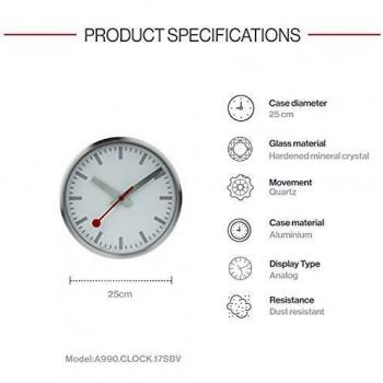 Mondaine Reloj Pared Moderno en Color Plata, A990.CLOCK.17SBV, 25 CM