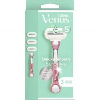Maquinilla de Afeitar Venus Deluxe Smooth Sensitive con Mango de Metal Oro Rosa + 3 Cabezales Recambiables y Lubrastrip con Aloe Vera