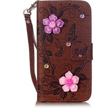 case cover para Samsung Galaxy J5 J500 J500F,Crisant Pegar la flor del rhinestone diseño función billetera Con Ranura Para Tarjetas Soporte Protección flip Teléfono Celular Cuero funda Carcasa para Samsung Galaxy J5 J500 J500F marrón