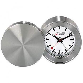 Mondaine Alarm Clock MSM.64410 Table Clock 50mm - Official Swiss Railways Clock Brushed Metal Casing Hands visible in the dark Red Second Hand