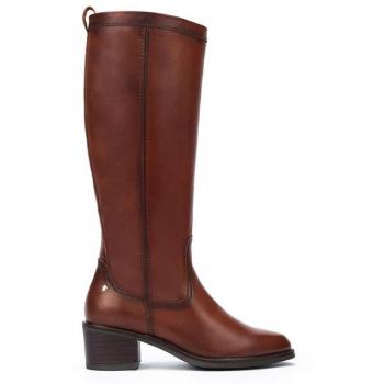 Pikolinos Cognac Leather Women's Knee High Zip Block Heel Boots