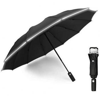 Paraguas Plegable Automático con Luz Reflectantes Nocturnas Resistencia contra Viento Material Hidrofóbico Paraguas De con 12 Varillas