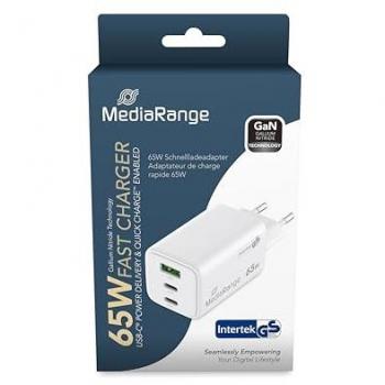 Adaptador de Carga Rápida MediaRange 65W, 2x USB-C y 1x USB-A, GaN, Enchufe Europeo, Color Blanco