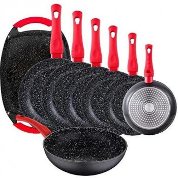 San Ignacio Pack 8 piezas: Set de 6 sartenes Energy Ø18/20/22/24/26/28 cm + 1 Sartén Wok Ø26 cm + 1 Plancha grill 37x25 cm, aluminio forjado, negro