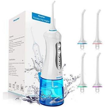 Irrigador Dental Profesional Portátil 300ml, Irrigador Bucal Recargable Impermeable IPX7 y 3 Modos, 6 Recambios Accesorios de Irrigadores Dentales